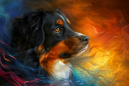 Colorful Artistic Portrait of a Bernese Mountain Dog in Abstract Vibrant Background AI Generativeの素材