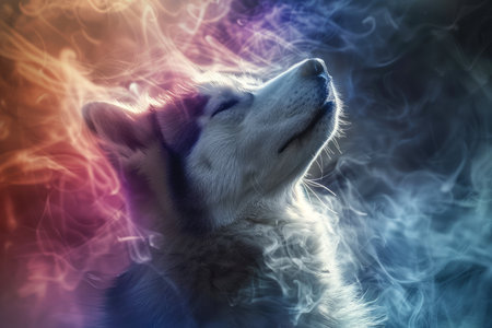 Majestic Siberian Husky Emerging from Mystical Colorful Smoke with Dreamlike Ethereal Glow, Fantasy Canine Concept AI Generativeの素材