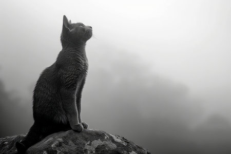 Majestic Cat Sitting on Rock Gazing into Sky in Monochrome, Tranquil Pet Reflecting in Serene Nature Landscape, Feline Silhouette Against Cloudy Backdrop AI Generativeの素材