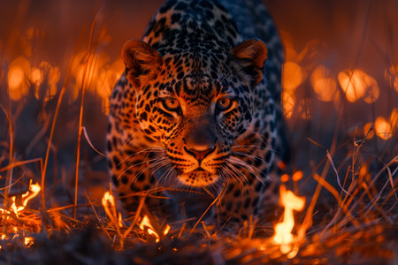 Majestic Leopard Lurking at Twilight with Glowing Eyes and Fiery Surroundings in the Wilderness AI Generativeの素材