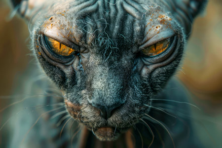 Intense Close up Portrait of a Sphynx Cat with Vivid Amber Eyes, Detailed Wrinkled Skin, and Mysterious Expression Captured in High Definition AI Generativeの素材