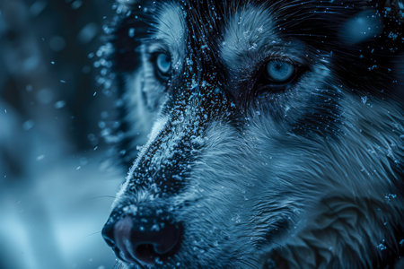Intense Blue Eyed Siberian Husky Dog Gazing Through Snowflakes in Winter Wonderland AI Generativeの素材