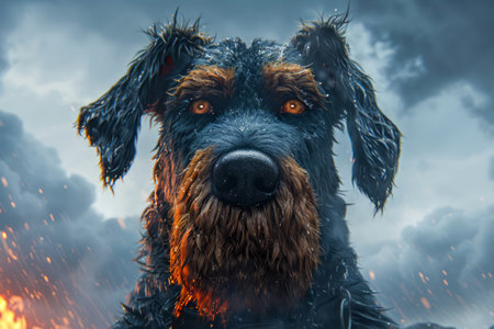 Majestic Black Dog with Intense Gaze Sitting Against Dramatic Sky with Clouds and Orange Glow AI Generativeの素材