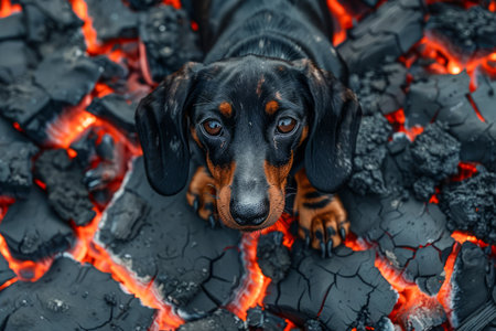 Dachshund Puppy on Cracked Volcanic Landscape, Dog with Surprised Expression on Lava Field, Pet Adventure AI Generativeの素材