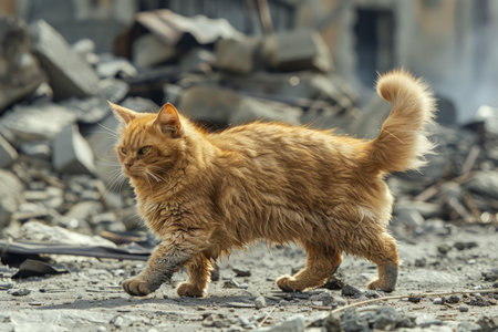 Majestic Ginger Cat Walking Through Rugged Terrain with Looming Ruins AI Generativeの素材