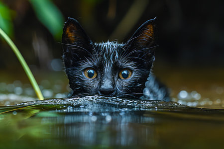 Close up of a Wet Black Kitten with Intense Eyes Peeking Out of Water Surrounded by Greenery AI Generativeの素材