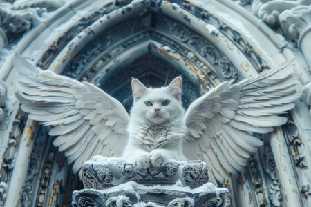 Majestic Winged Cat Sculpture Nestled in Ornate Gothic Architecture Details on Overcast Day AI Generativeの素材