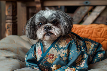 Adorable Shih Tzu Dog Dressed in Elegant Kimono Sitting Comfortably on Cozy Home Couch AI Generativeの素材