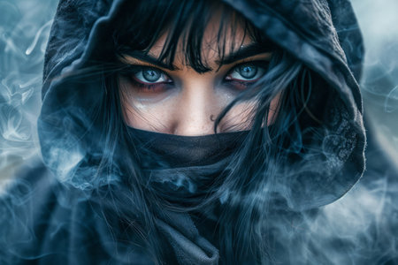 Mysterious Woman with Intense Blue Eyes in Dark Hooded Cloak Surrounded by Mist Fantasy, Gothic Concept AI Generativeの素材