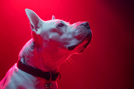 Majestic White Dog Portrait with Red Backlighting, Canine Profile Side View in Dramatic Studio Lighting, Animal Elegance AI Generativeの素材