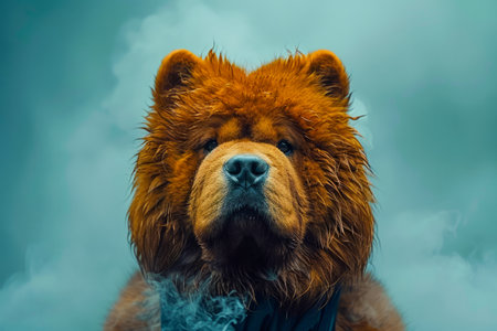 Majestic Chow Chow Dog with Fluffy Fur Posing Against a Moody Blue Sky Background AI Generativeの素材