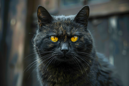 Intense Yellow eyed Black Cat Staring with a Mysterious Look on Dark Background AI Generativeの素材
