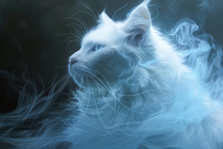 Majestic White Cat Surrounded by Ethereal Blue Smoke, Abstract Feline Portrait, Mystic Animal Concept, Elegant Pet in Dreamy Atmosphere AI Generativeの素材