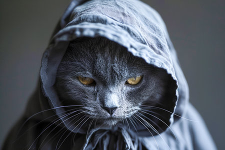 Mysterious Hooded Grey Cat with Intense Yellow Eyes Posing for a Dramatic and Enigmatic Close Up Portrait AI Generativeの素材