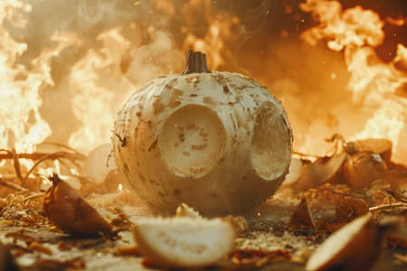 Dramatic Autumn Harvest Scene with Burning Background and Exploding Pumpkin AI Generativeの素材