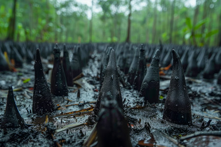 Close Up of Dark Mangrove Tree Roots in Tropical Rainforest with Lush Foliage, Nature&#39;s Intricate Ecosystem AI Generativeの素材