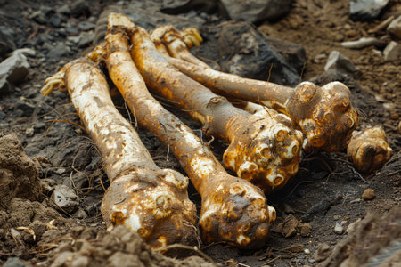 Fresh Organic Horseradish Roots Harvested from Garden Soil Ready for Culinary Use and Herbal Remedies AI Generativeの素材