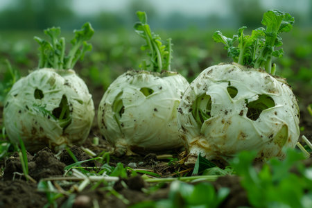Organic Turnips Growing in Fertile Soil on a Sustainable Farm during the Early Morning Light AI Generativeの素材