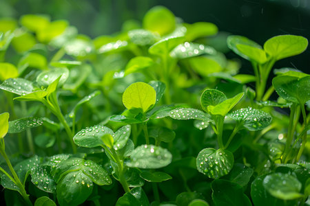 Lush Green Young Plants Growing in Sunlit Garden, Nature&#39;s Growth and Spring Concept, Freshness in Gardening AI Generativeの素材