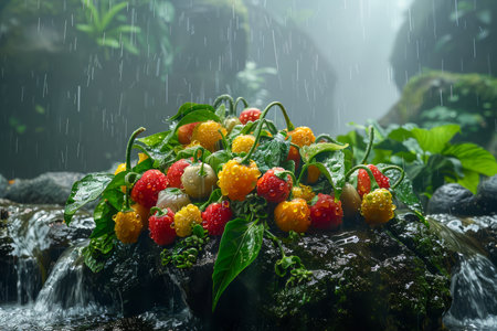 Vibrant Organic Berries in Lush Rainforest Scene with Waterfall and Misty Atmosphere Fresh Fruits and Natural Environment Background AI Generativeの素材