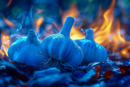 Enchanting Autumn Pumpkins Surrounded by Magical Flames and Falling Leaves in a Mystical Forest Scene AI Generativeの素材