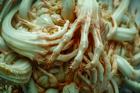 Close up Texture Shot of Fresh Organic Enoki Mushrooms with Natural Light AI Generativeの素材