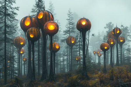 Enchanting Forest Scene with Mystical Glowing Pumpkin Lanterns Hanging from Trees in Misty Woods AI Generativeの素材