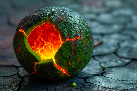 Surreal Concept of Watermelon with Glowing Lava Cracks on Textured Pavement Background AI Generativeの素材