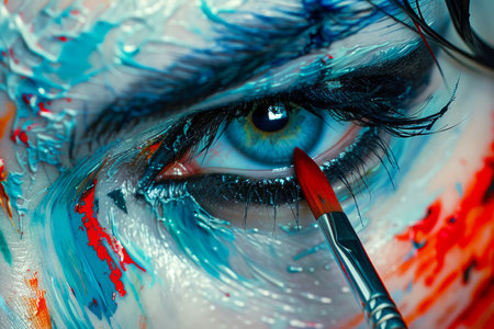 Close up of Artistic Eye Makeup with Colorful Brush Strokes and Paintbrush in Frame on Model's Face AI Generativeの素材