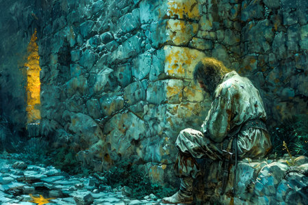 Medieval Knight in Solitary Contemplation by Ancient Stone Wall with Light Peering Through AI Generativeの素材