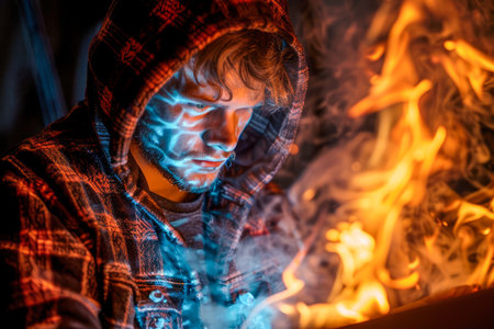 Intriguing Portrait of Man with Hoodie Illuminated by Vivid Blue Light and Warm Firelight Contrast AI Generativeの素材