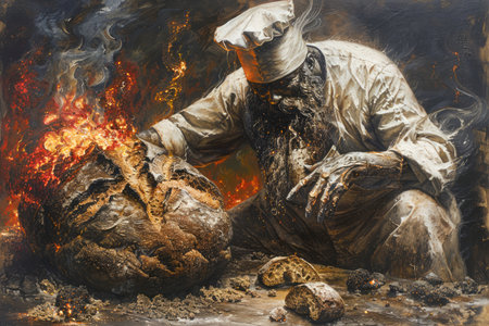 Traditional Artisan Baker Kneading Dough and Baking Bread in Rustic Brick Oven, Artistic Bakery Concept AI Generativeの素材