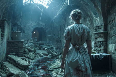 Mysterious Woman in an Abandoned Vintage House with Debris and Sunlight Streaming Through Window AI Generativeの素材
