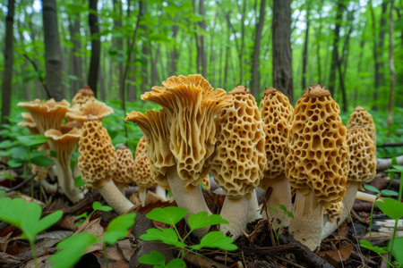 Close up View of Morel Mushrooms Morchella esculenta Growing in a Lush Forest during Spring Season AI Generativeの素材