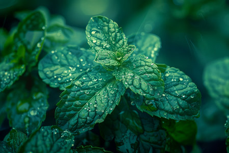 Fresh Dew Drops on Vibrant Green Mint Leaves Macro Shot Nature&#39;s Texture and Beauty Captured in Morning Light AI Generativeの素材