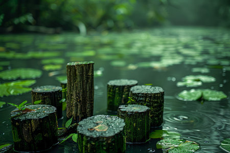 Serene Forest Pond with Green Lily Pads and Tranquil Wooden Stumps, Peaceful Nature Landscape, Misty Woodland Water Scene AI Generativeの素材