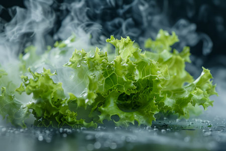 Fresh Green Lettuce in a Misty Environment with Water Droplets and Smoke on Dark Background AI Generativeの素材