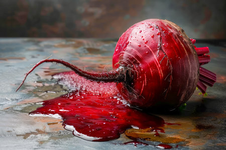 Fresh Red Onion with Droplets and Juice Splatter on Rustic Surface, Vibrant Vegetable Still Life AI Generativeの素材