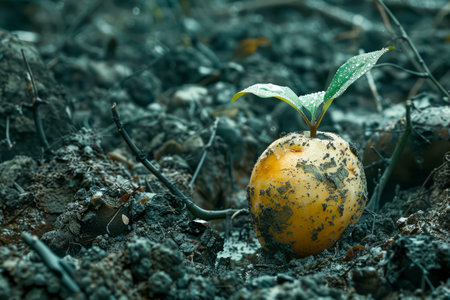 Young Plant Sprouting from an Apple Seed in Fertile Soil Symbolizing Growth and New Life AI Generativeの素材