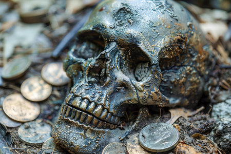 Ancient Skull and Coin Treasures Unearthed, Archaeological Discovery Concept, Historical Pirate Loot Still Life AI Generativeの素材
