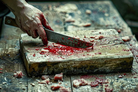 Gruesome Bloody Crime Scene with Hand and Knife on Wooden Surface, Horror Mystery Concept AI Generativeの素材