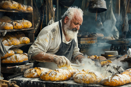 Traditional Artisan Baker Preparing Fresh Bread in Rustic Bakery with Wood Fired Oven, Authentic Old Fashioned Baking Techniques Captured in Sourdough Bread Preparation AI Generativeの素材