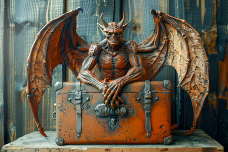 Intricately Carved Gothic Gargoyle Sculpture on Vintage Chest with Rustic Background AI Generativeの素材