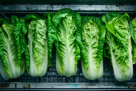 Fresh Green Romaine Lettuces Lined Up for Sale on Supermarket Shelf Healthy Food, Vegetable, Organic Produce Concept AI Generativeの素材