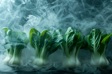 Fresh Green Bok Choy in Misty Smoke on Dark Background Healthy Vegetarian Cuisine Ingredients AI Generativeの素材