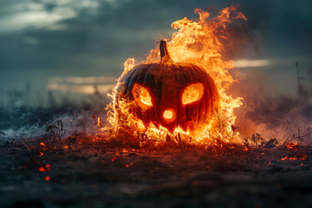 Spooky Halloween Pumpkin Engulfed in Flames Amongst Misty Landscape at Twilight AI Generativeの素材