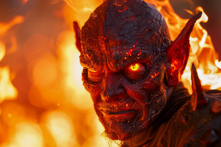 Intense Fiery Demon with Glowing Eyes Amidst Flames Fantasy Horror Concept Artwork AI Generativeの素材