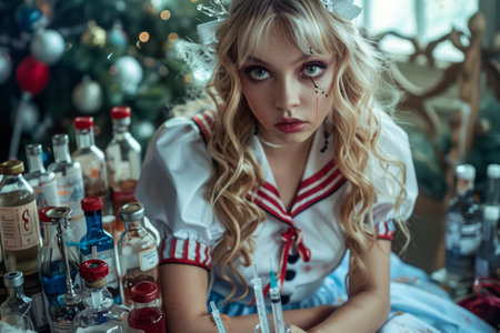 Portrait of a Young Woman in Vintage Sailor Outfit with Pensive Expression Surrounded by Glass Bottles AI Generativeの素材