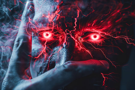 Mysterious Red Eyed Entity in the Shadows, Horror Concept with Menacing Look and Dramatic Lighting AI Generativeの素材