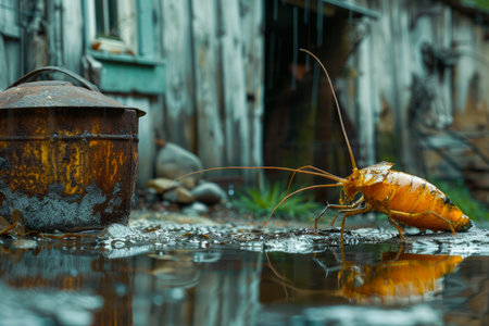 Close up of a Single Cockroach in a Moist Environment with Old Rusty Can and Wooden Background AI Generativeの素材